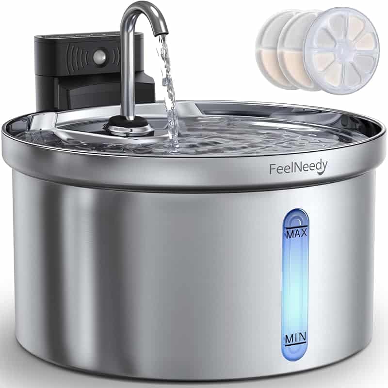 Fontaine à eau pour chat FEELNEEDY sans fil en acier inoxydable 3,5 litres