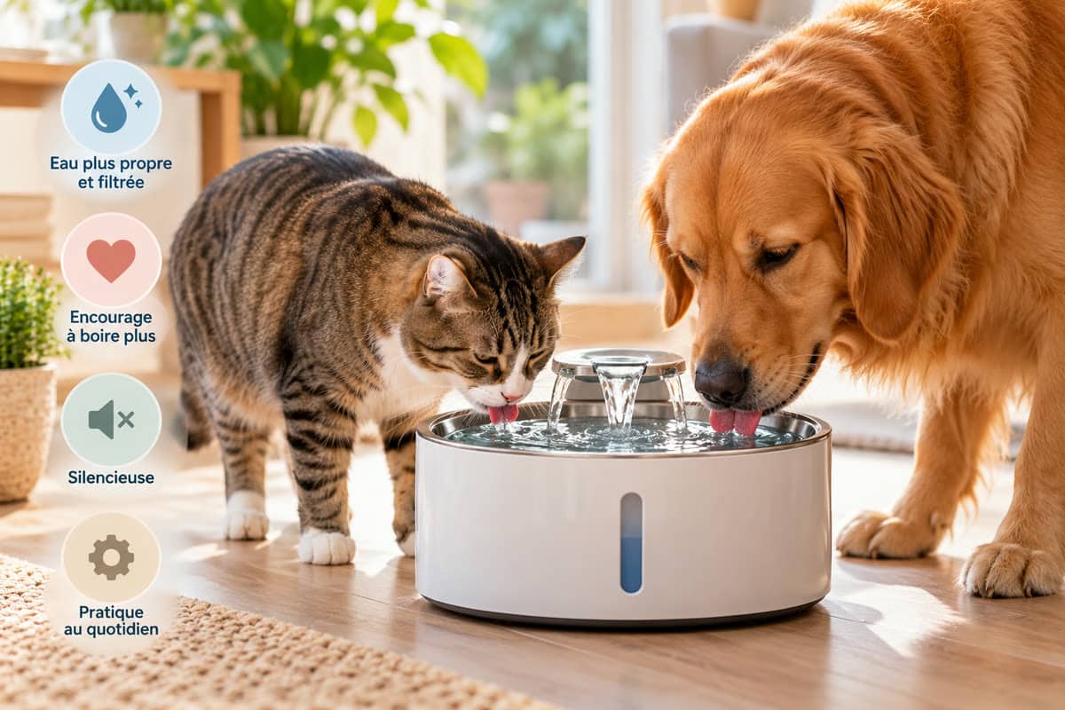 Un chat et un chien boivent ensemble à une fontaine à eau posée au sol