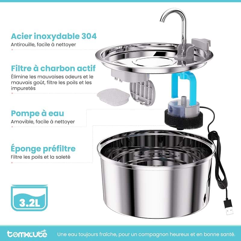 Composants de la fontaine TOMXCUTE : bac inox, filtre et pompe